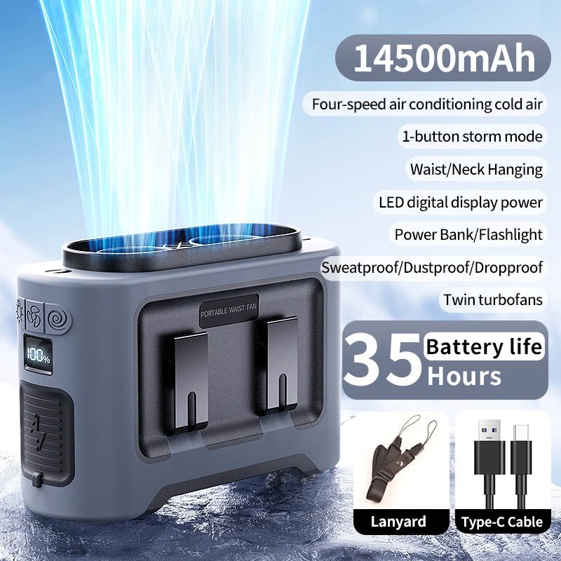 Socoolfan 14500mAh Outdoor Fan Portable Waist Hanging Neck Strong Dual Air Vents Fans for Travel Sports Courier Outdoor Working - luvmoose