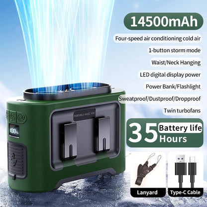 Socoolfan 14500mAh Outdoor Fan Portable Waist Hanging Neck Strong Dual Air Vents Fans for Travel Sports Courier Outdoor Working - luvmoose