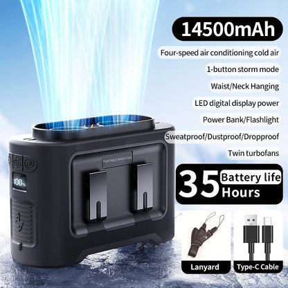 Socoolfan 14500mAh Outdoor Fan Portable Waist Hanging Neck Strong Dual Air Vents Fans for Travel Sports Courier Outdoor Working - luvmoose