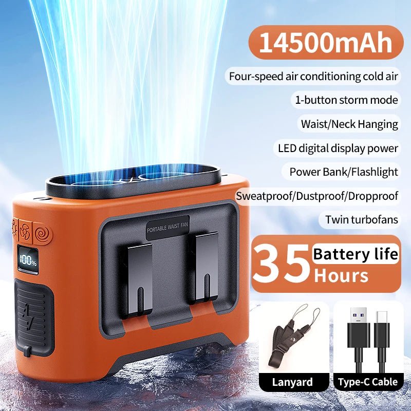 Socoolfan 14500mAh Outdoor Fan Portable Waist Hanging Neck Strong Dual Air Vents Fans for Travel Sports Courier Outdoor Working - luvmoose